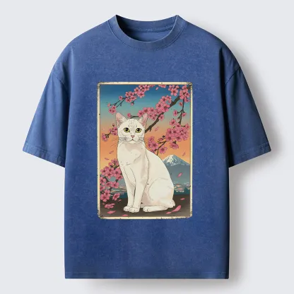 Magmoo Sakura Fuji And Cat Japanese Art Washed T-Shirt-Magmoo