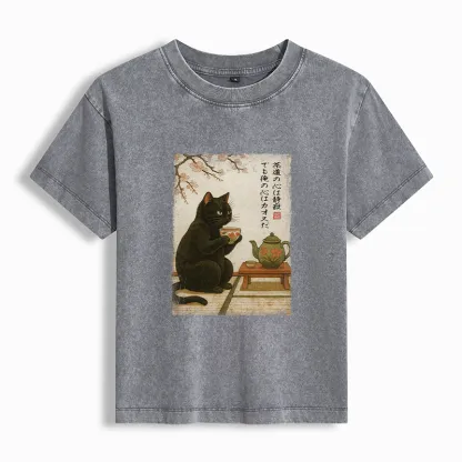 Magmoo Tea Time With A Black Cat Women's Washed T-shirt