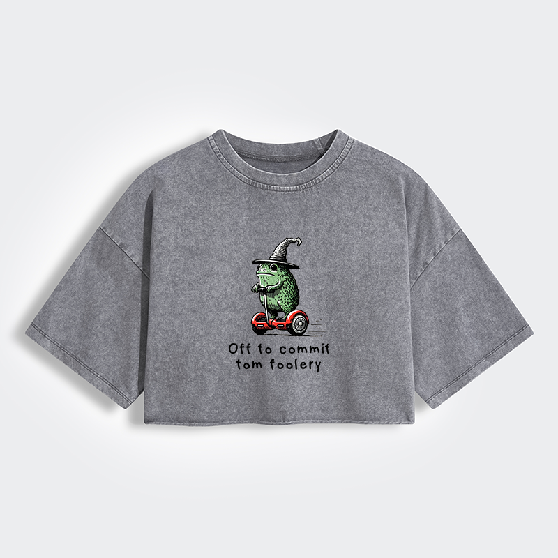 Magmoo Frog Riding A Balance Scooter Women's Washed Crop T-Shirt