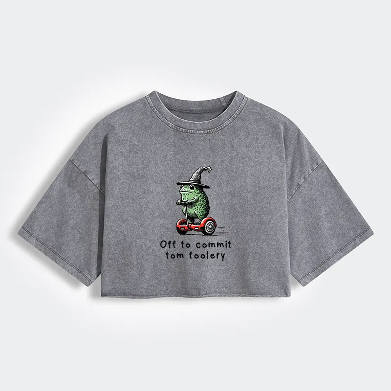 Magmoo Frog Riding A Balance Scooter Women's Washed Crop T-Shirt