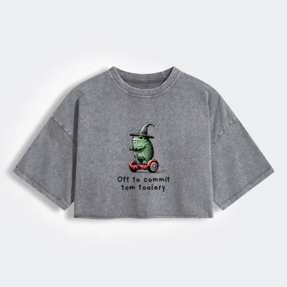 Magmoo Frog Riding A Balance Scooter Women's Washed Crop T-Shirt