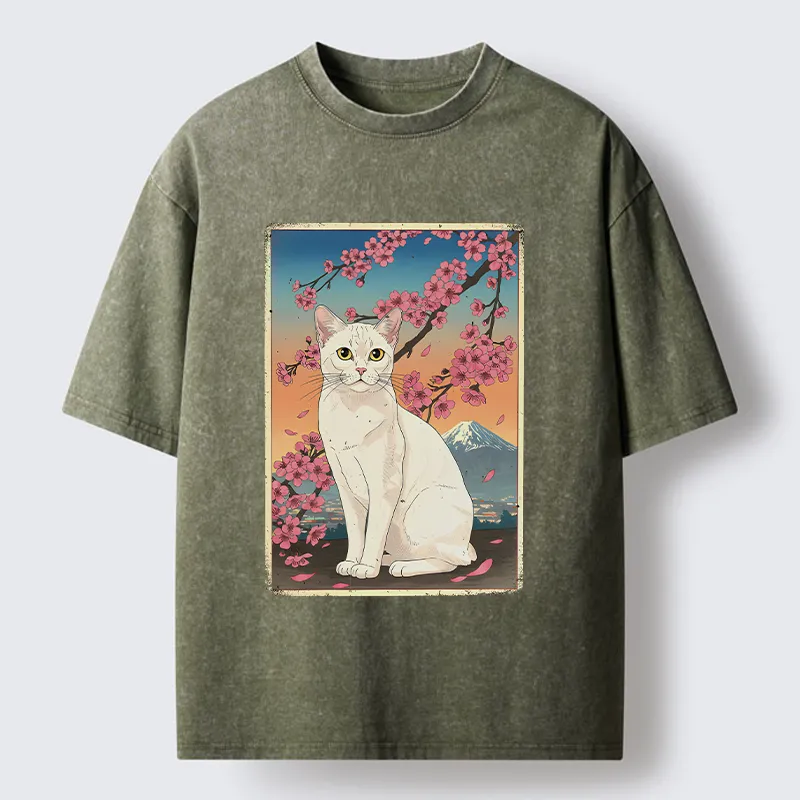 Magmoo Sakura Fuji And Cat Japanese Art Washed T-Shirt-Magmoo