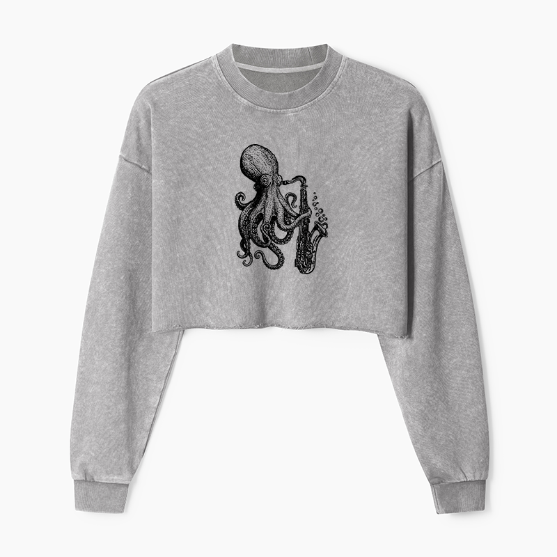 Magmoo Octopus Playing Saxophone Washed Crop Sweatshirt