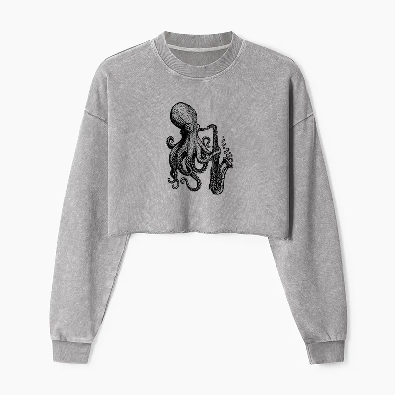 Magmoo Octopus Playing Saxophone Washed Crop Sweatshirt