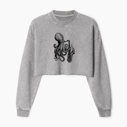 Magmoo Octopus Playing Saxophone Washed Crop Sweatshirt