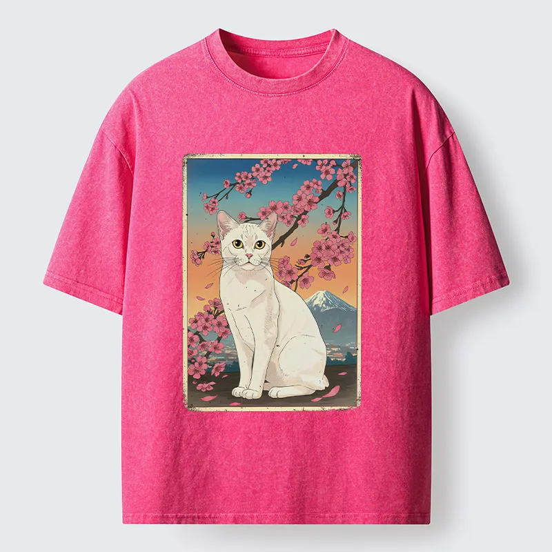Magmoo Sakura Fuji And Cat Japanese Art Washed T-Shirt-Magmoo