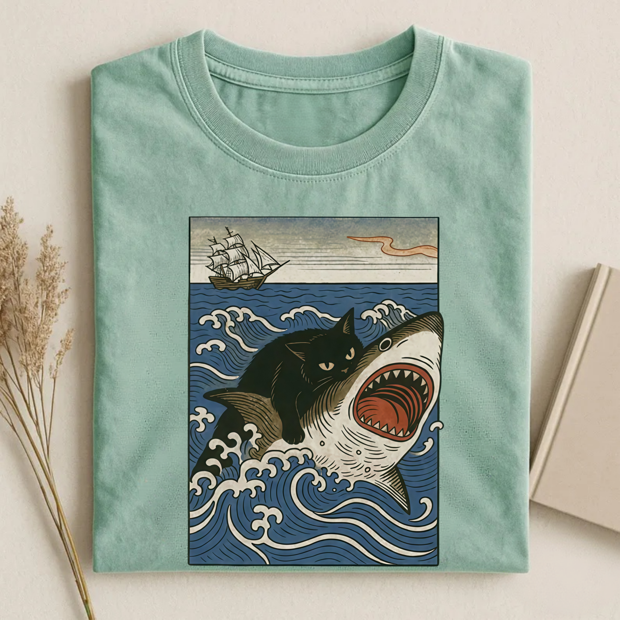 Magmoo Ukiyo-e Cat Riding Shark Retro T-shirt