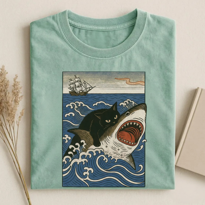 Magmoo Ukiyo-e Cat Riding Shark Retro T-shirt