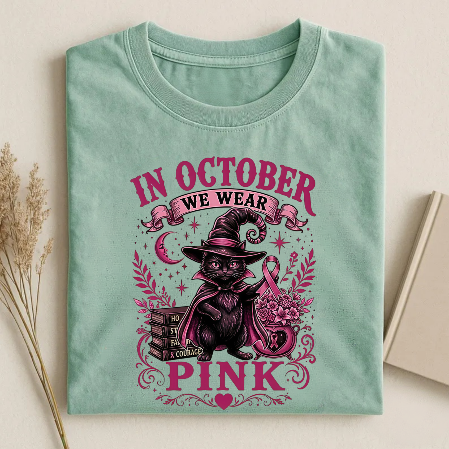 Magmoo Witch Cat Breast Cancer Awareness T-shirt