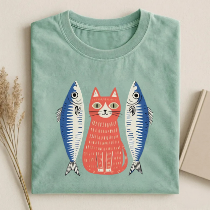 Magmoo Woodcut Cat And Fish Art T-shirt