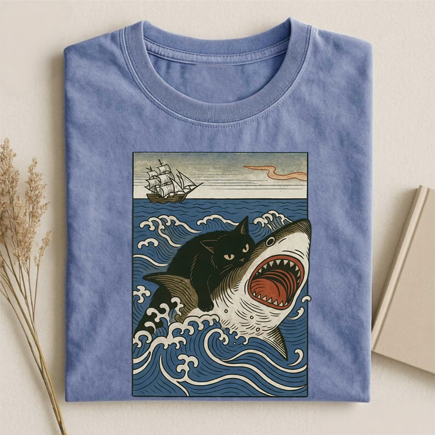 Magmoo Ukiyo-e Cat Riding Shark Retro T-shirt