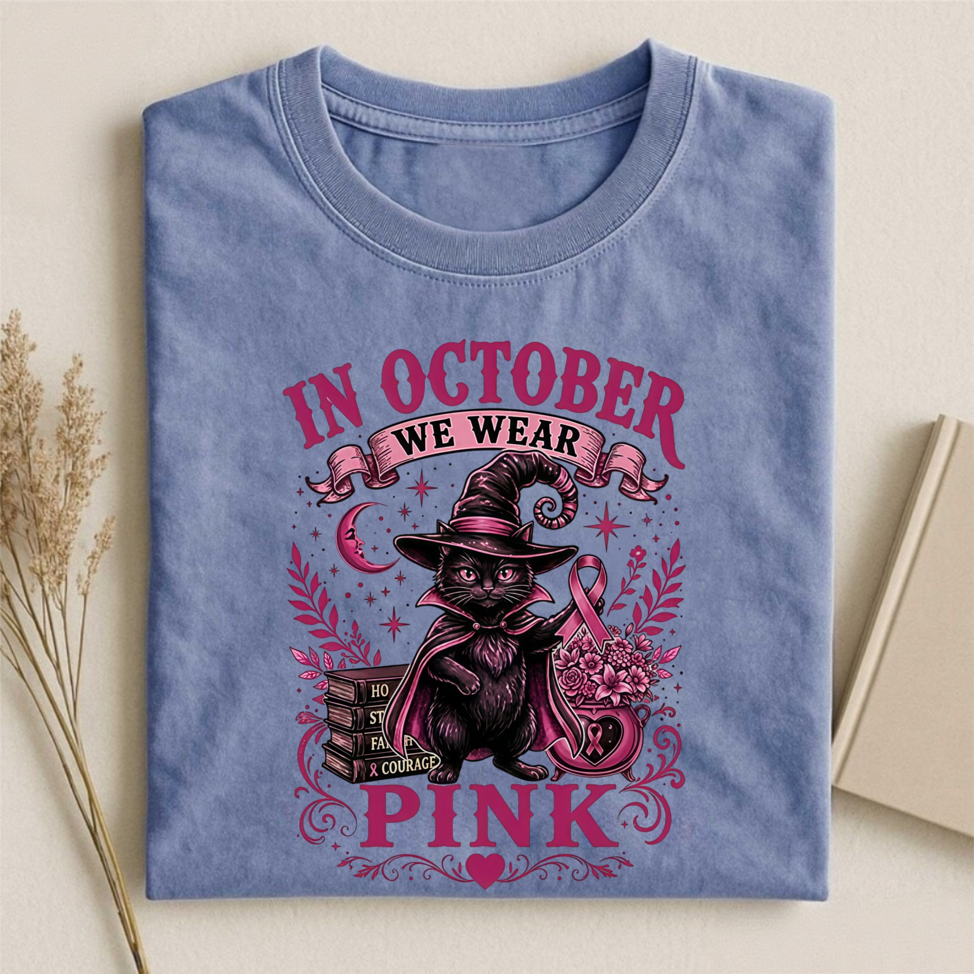 Magmoo Witch Cat Breast Cancer Awareness T-shirt