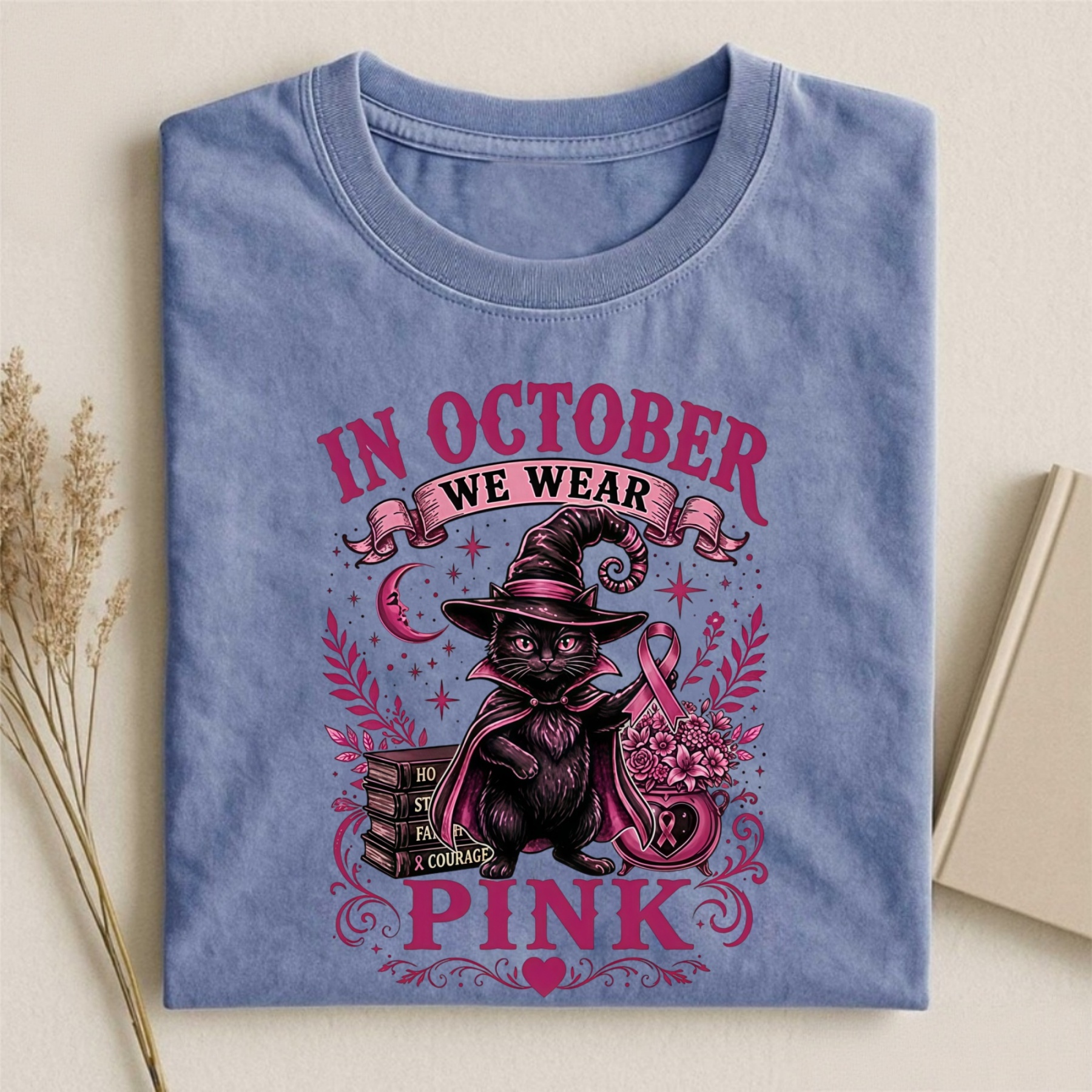 Magmoo Witch Cat Breast Cancer Awareness T-shirt