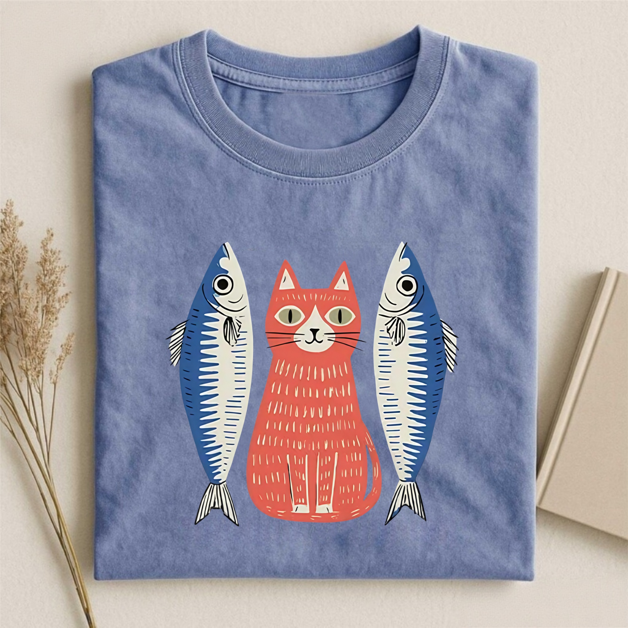 Magmoo Woodcut Cat And Fish Art T-shirt