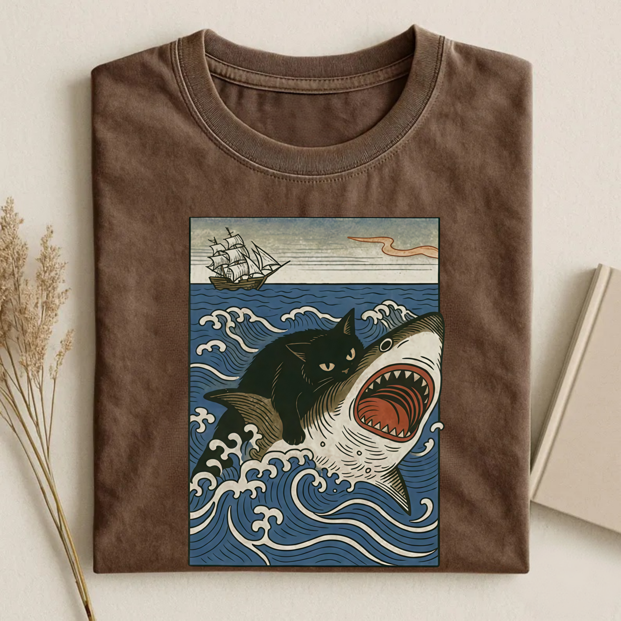 Magmoo Ukiyo-e Cat Riding Shark Retro T-shirt