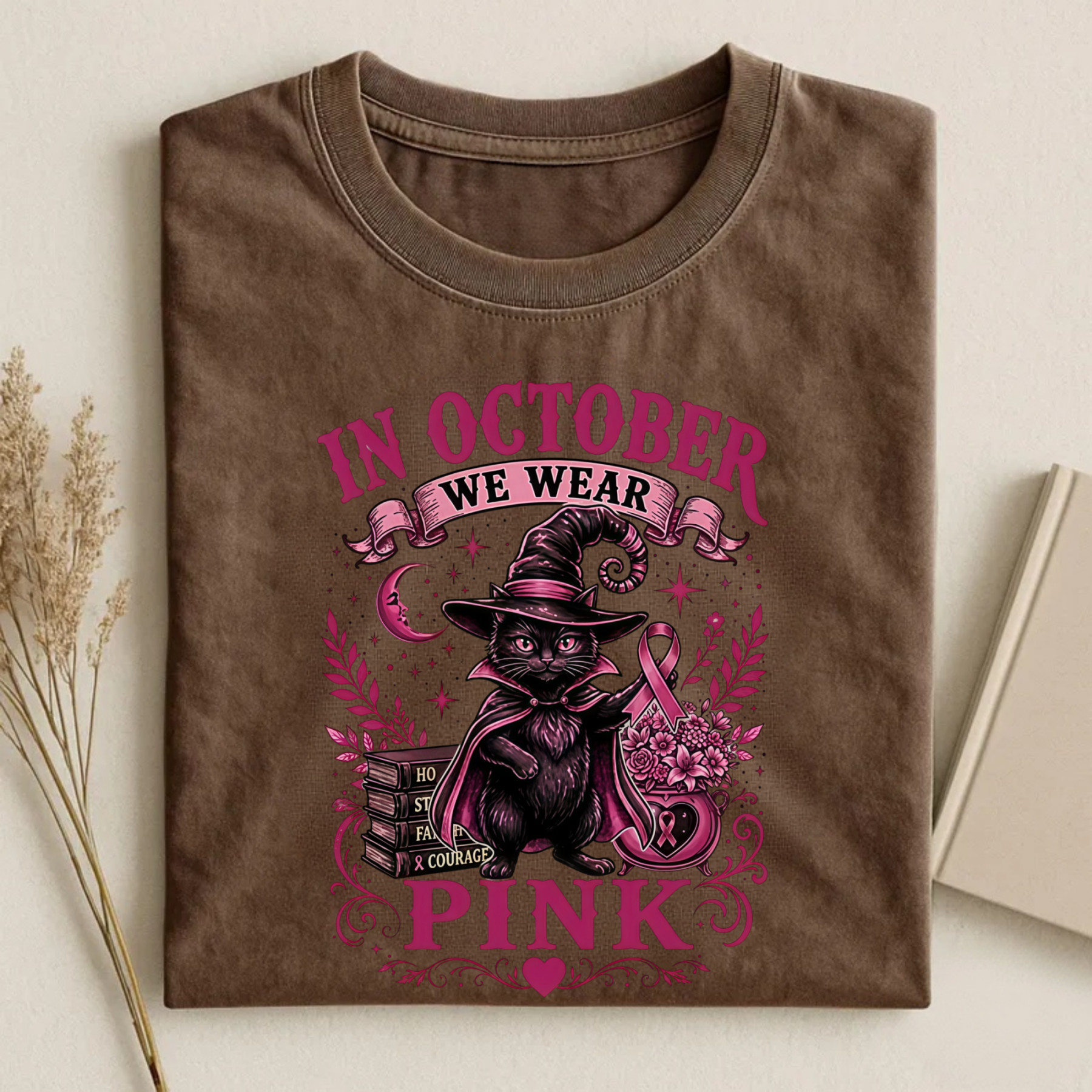 Magmoo Witch Cat Breast Cancer Awareness T-shirt