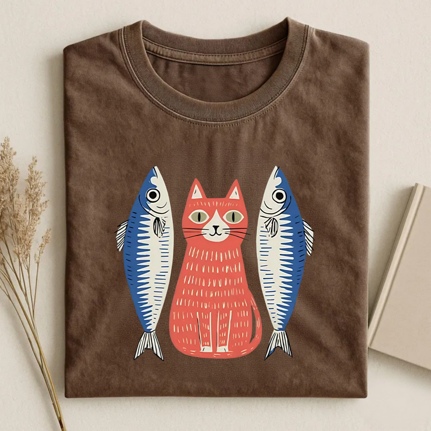 Magmoo Woodcut Cat And Fish Art T-shirt