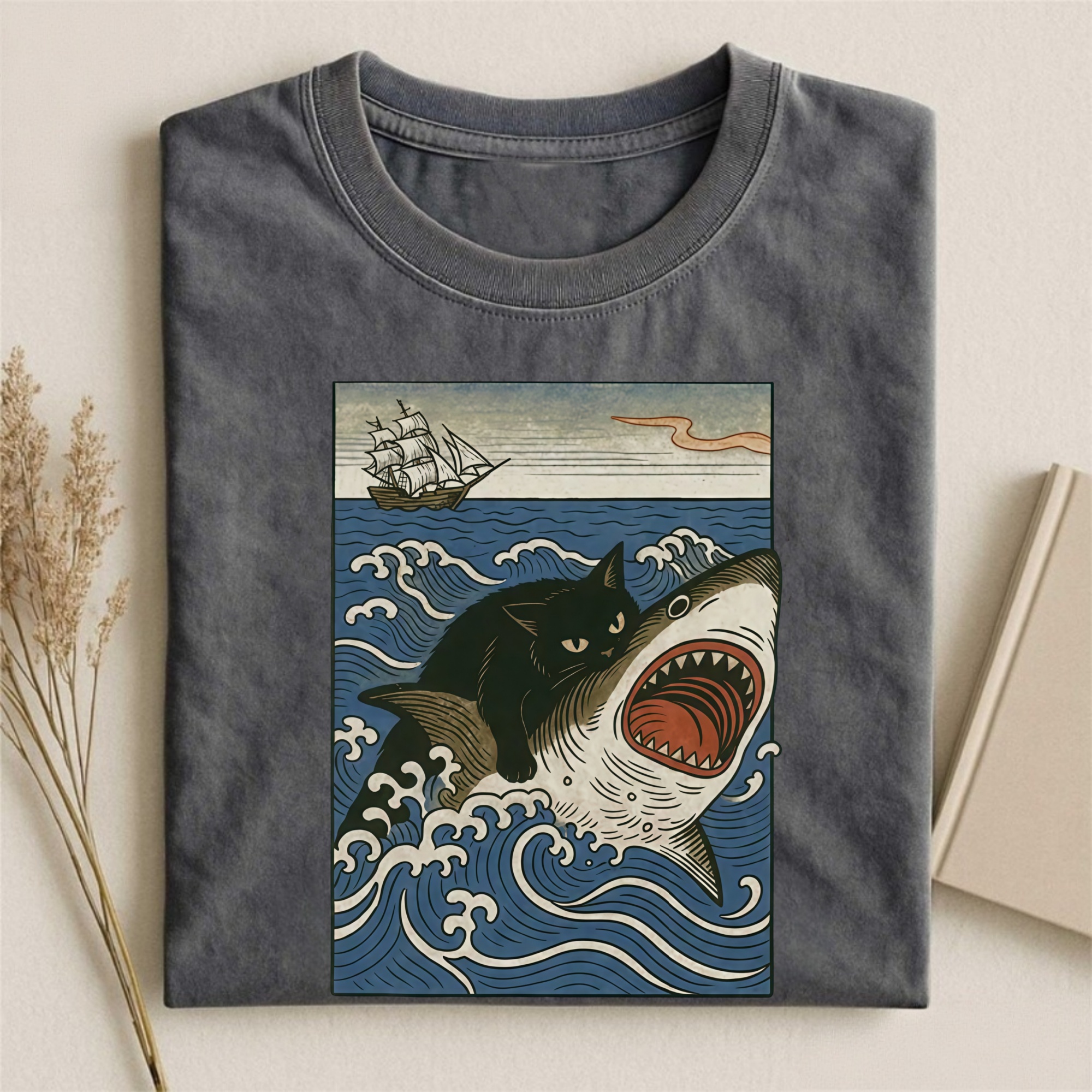 Magmoo Ukiyo-e Cat Riding Shark Retro T-shirt