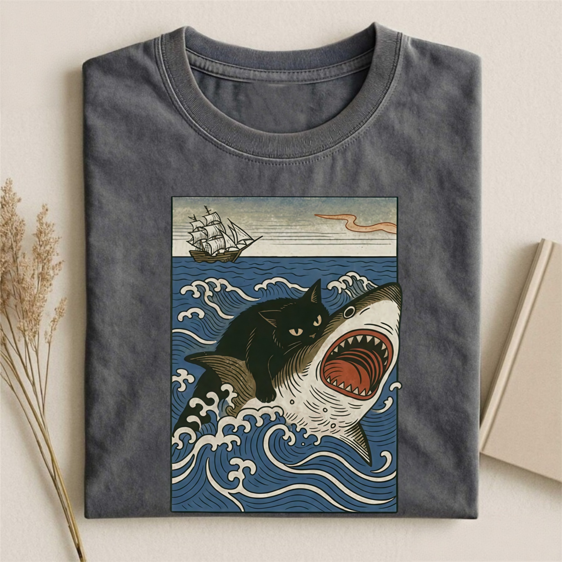 Magmoo Ukiyo-e Cat Riding Shark Retro T-shirt