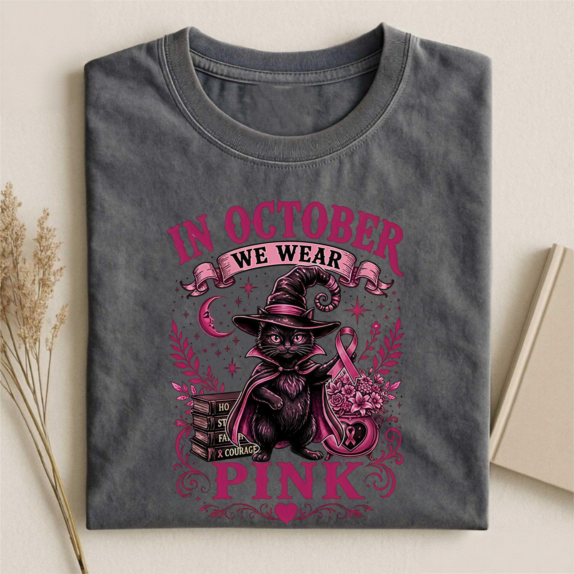 Magmoo Witch Cat Breast Cancer Awareness T-shirt