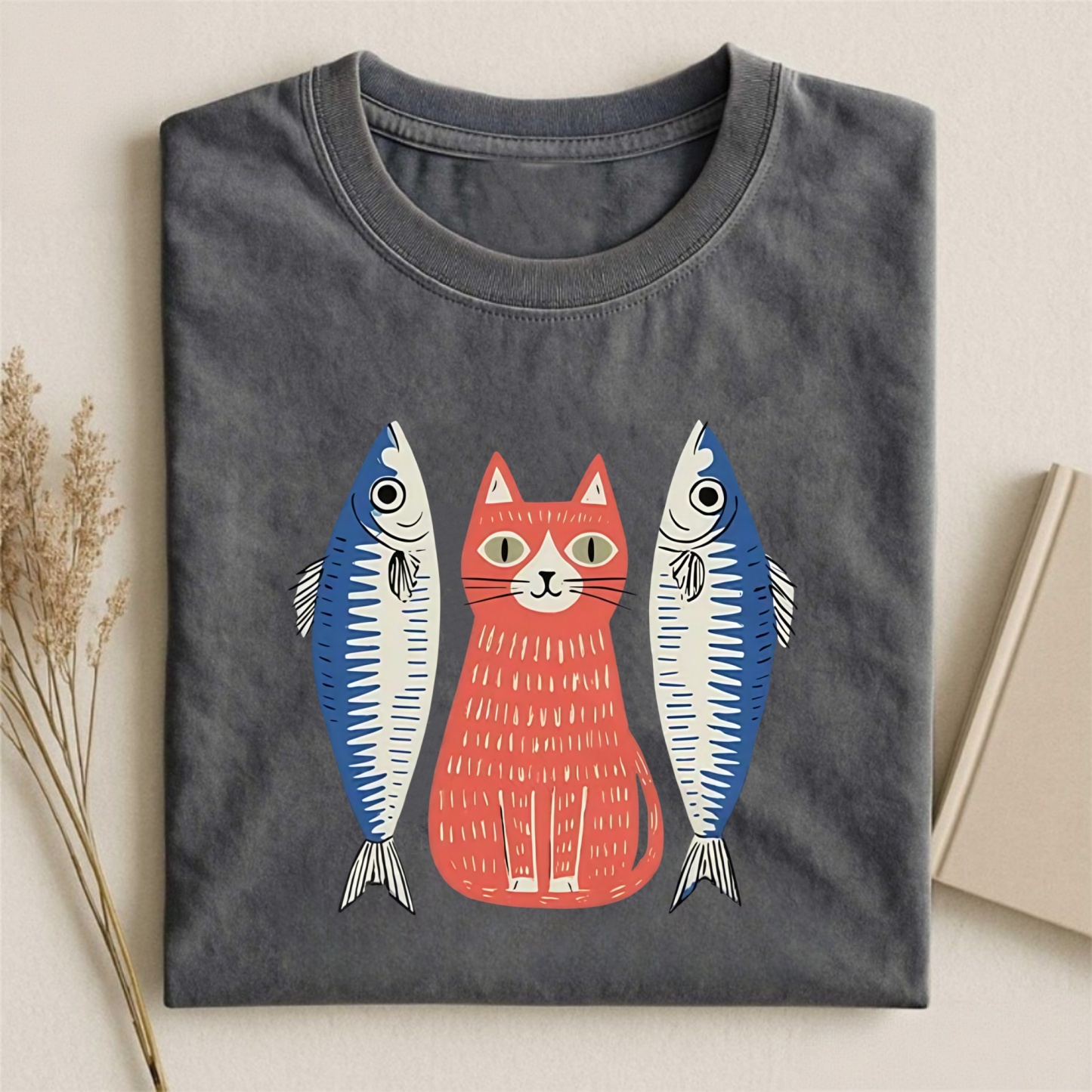 Magmoo Woodcut Cat And Fish Art T-shirt