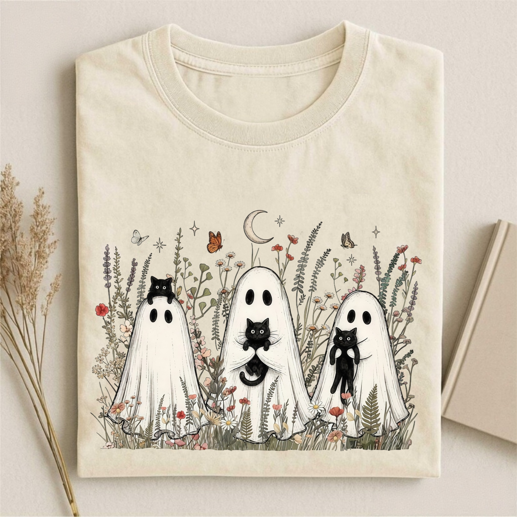 Magmoo Vintage Cottagecore Ghost Black Cat T-shirt
