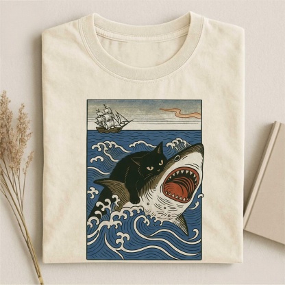 Magmoo Ukiyo-e Cat Riding Shark Retro T-shirt