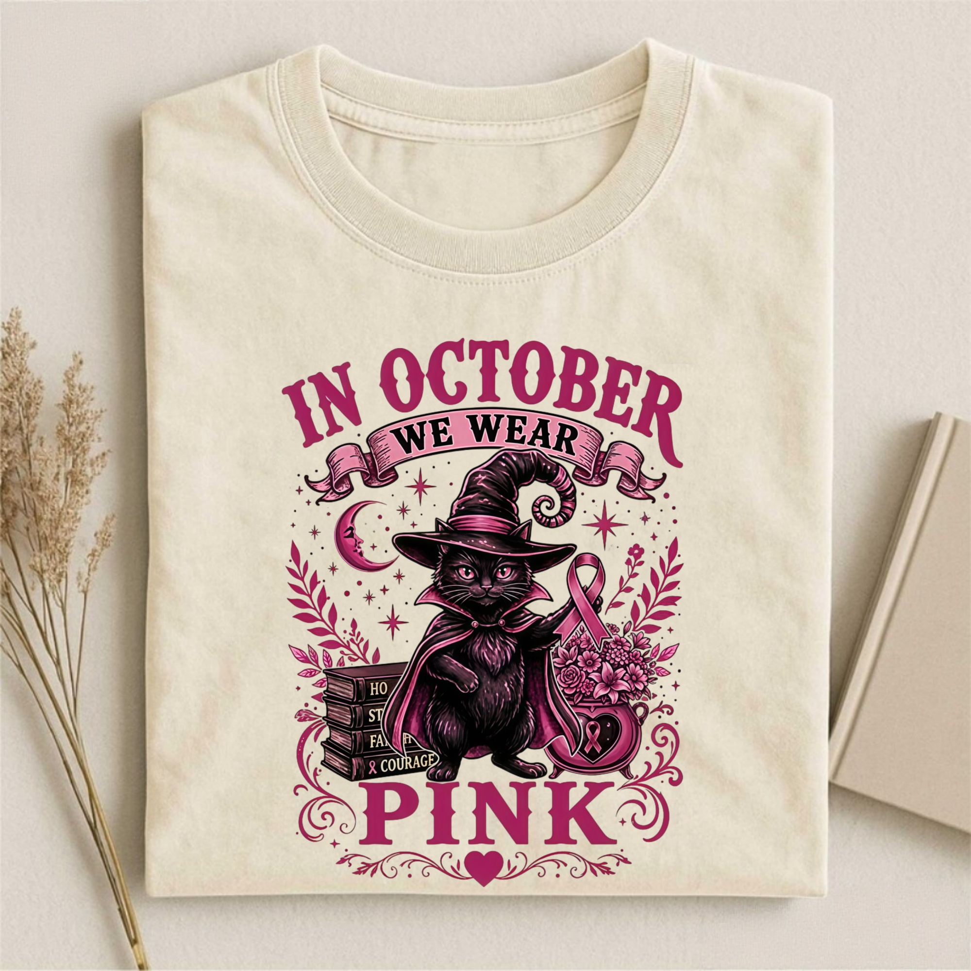 Magmoo Witch Cat Breast Cancer Awareness T-shirt