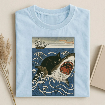 Magmoo Ukiyo-e Cat Riding Shark Retro T-shirt