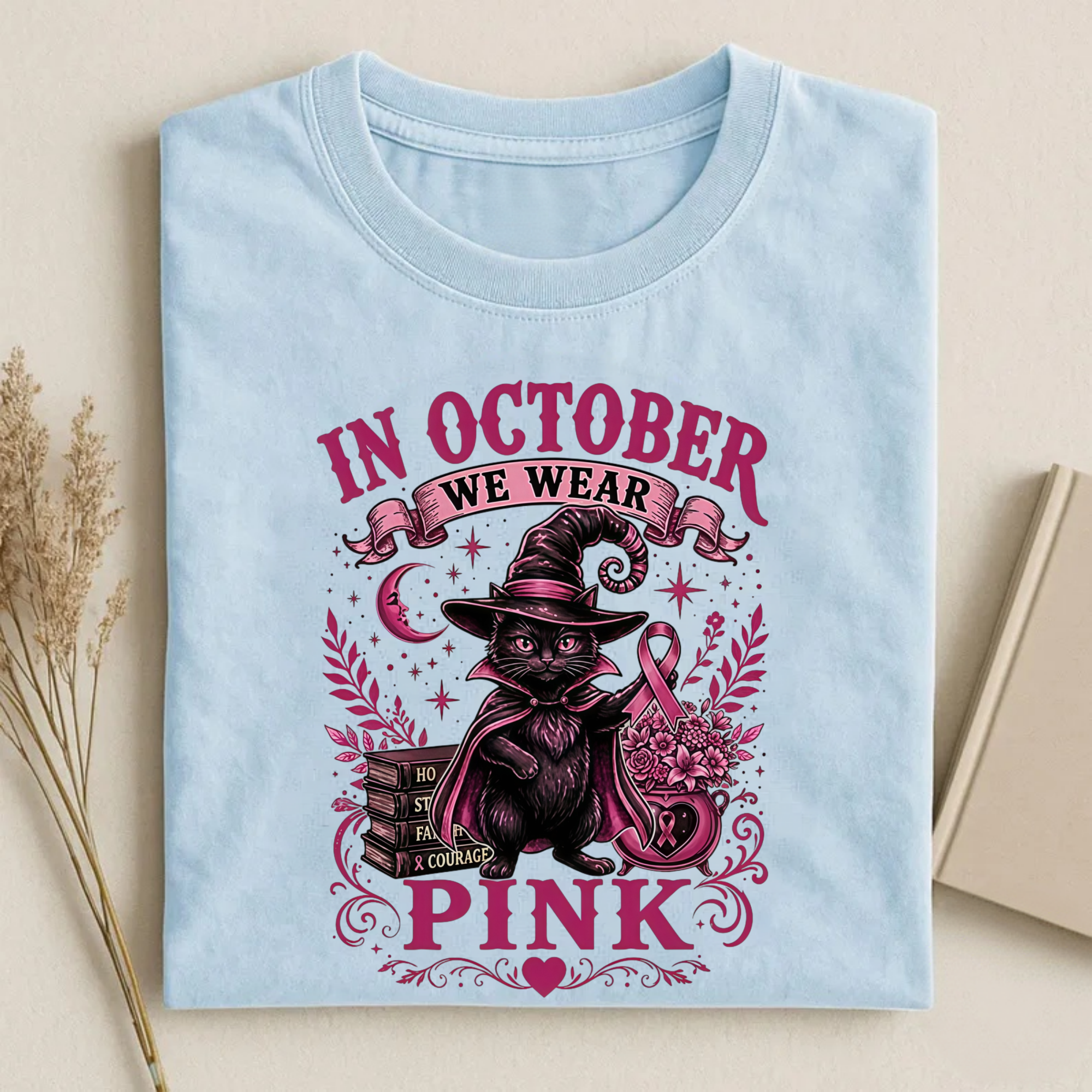 Magmoo Witch Cat Breast Cancer Awareness T-shirt