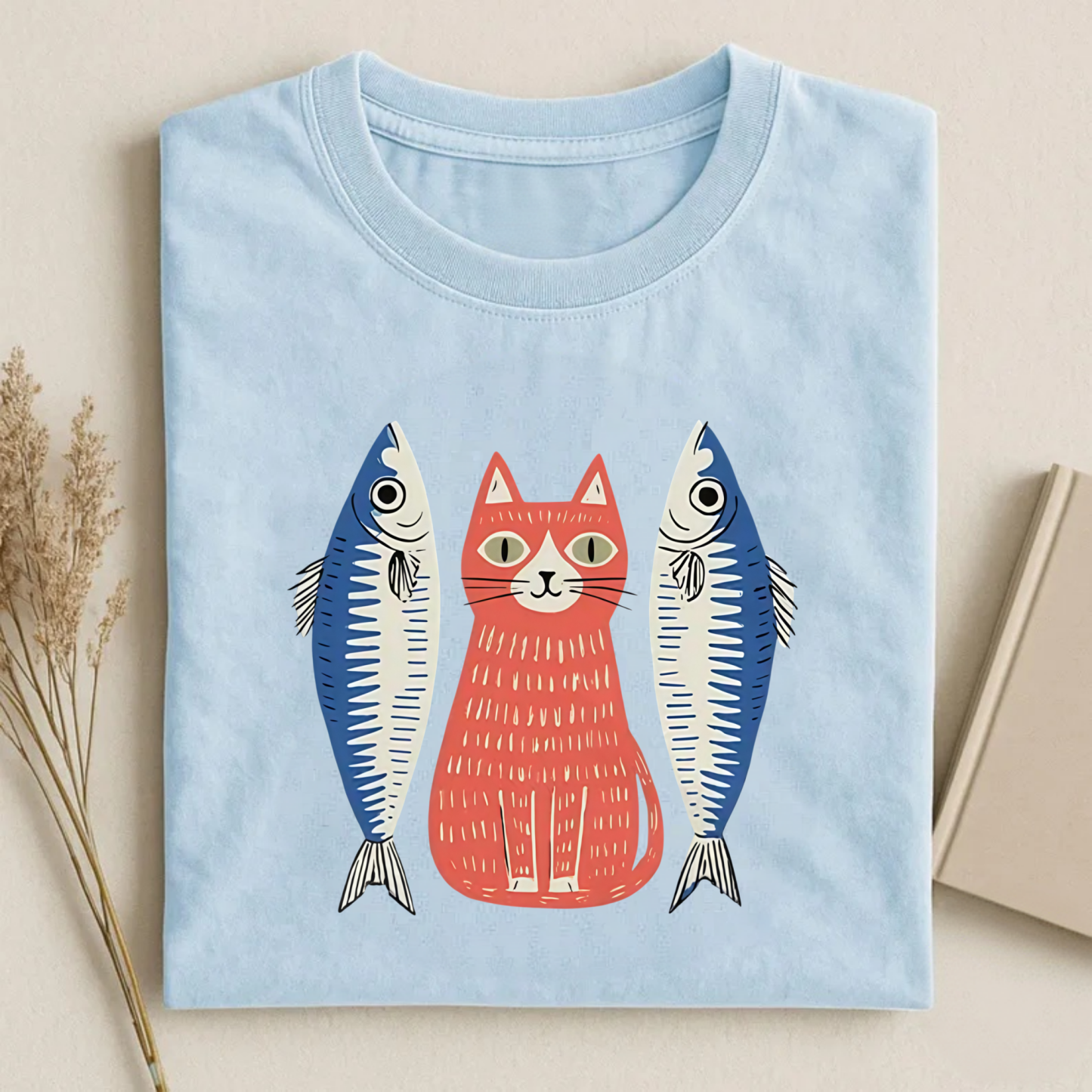 Magmoo Woodcut Cat And Fish Art T-shirt