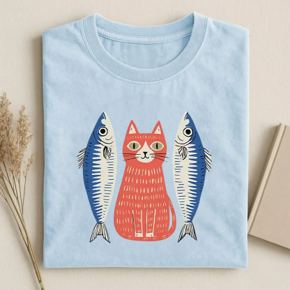 Magmoo Woodcut Cat And Fish Art T-shirt