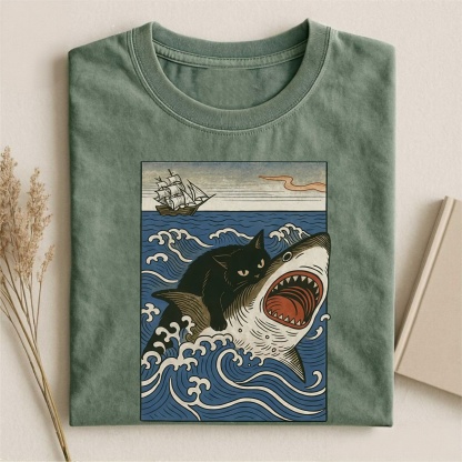 Magmoo Ukiyo-e Cat Riding Shark Retro T-shirt