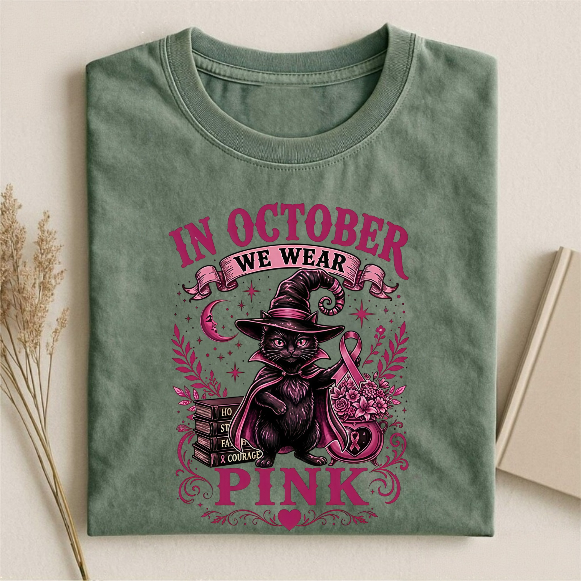 Magmoo Witch Cat Breast Cancer Awareness T-shirt