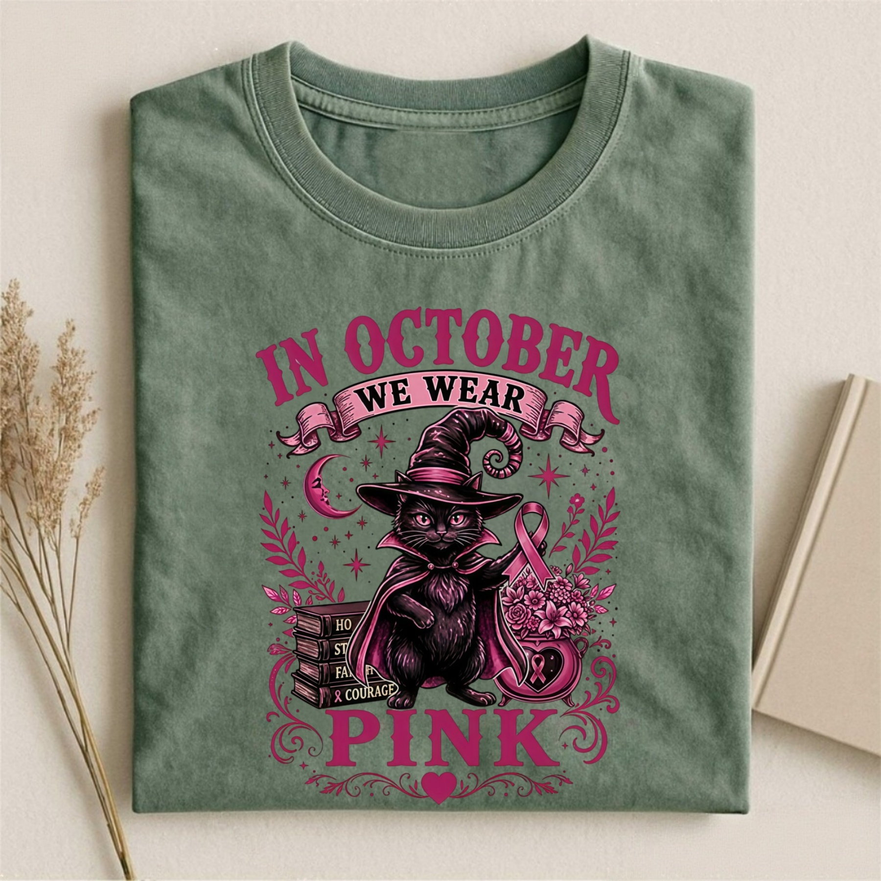 Magmoo Witch Cat Breast Cancer Awareness T-shirt