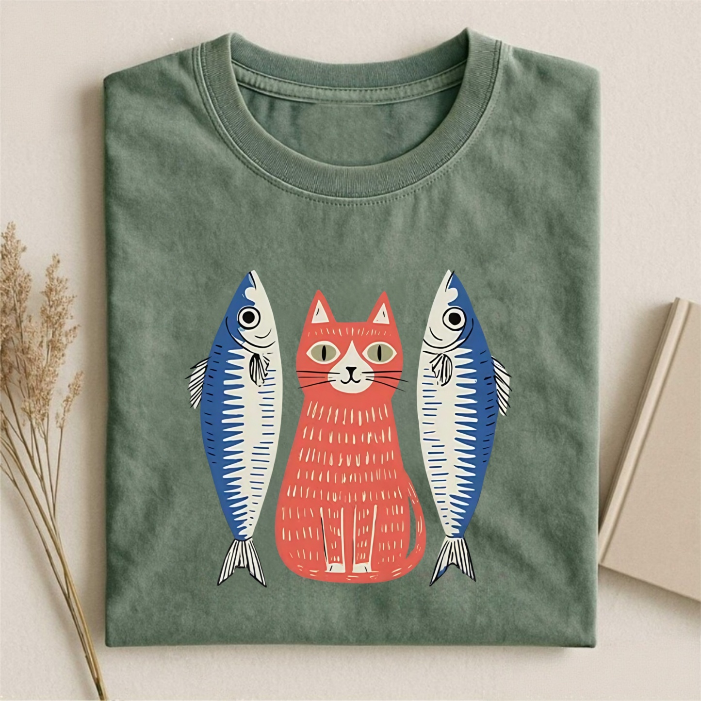 Magmoo Woodcut Cat And Fish Art T-shirt