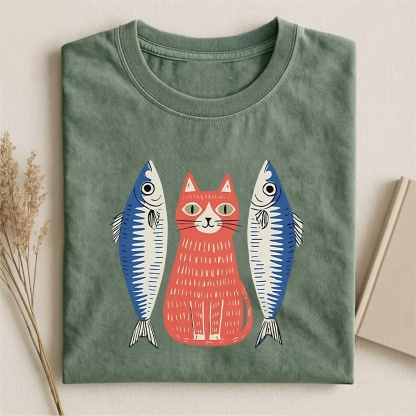 Magmoo Woodcut Cat And Fish Art T-shirt