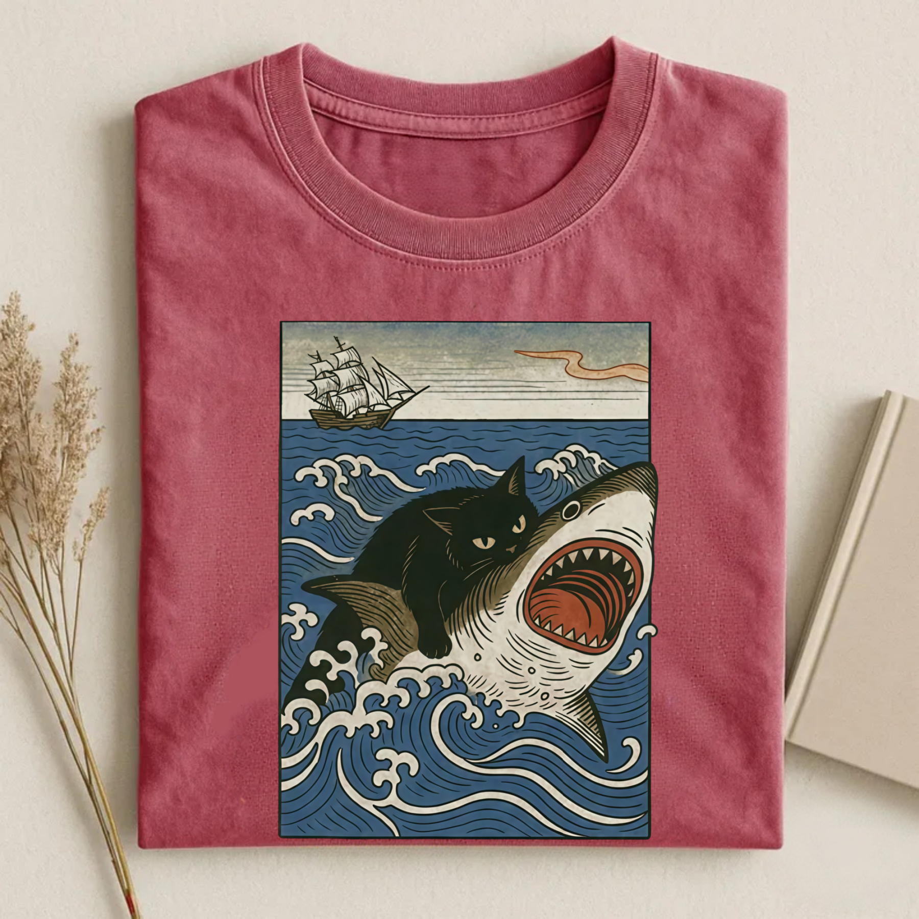Magmoo Ukiyo-e Cat Riding Shark Retro T-shirt