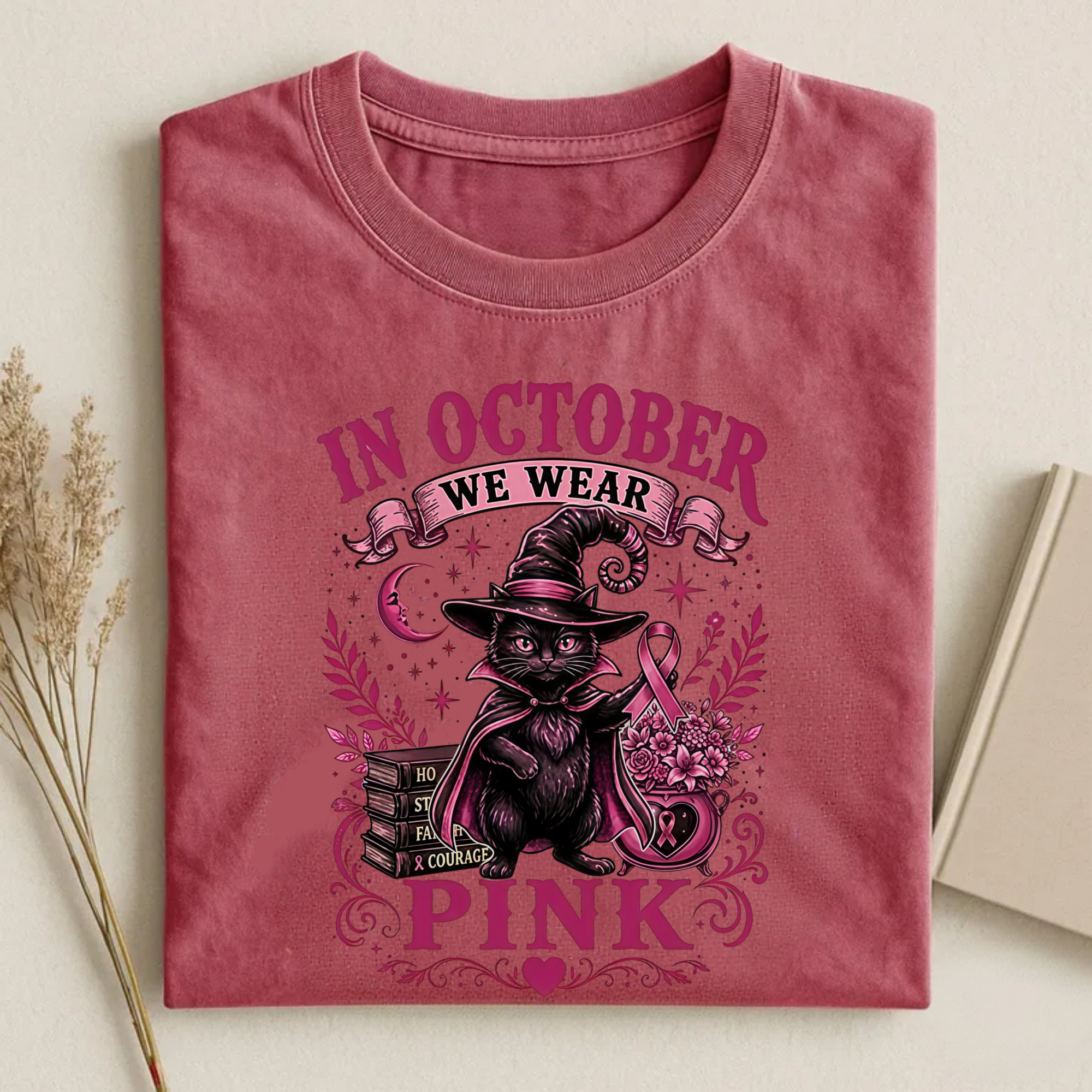 Magmoo Witch Cat Breast Cancer Awareness T-shirt