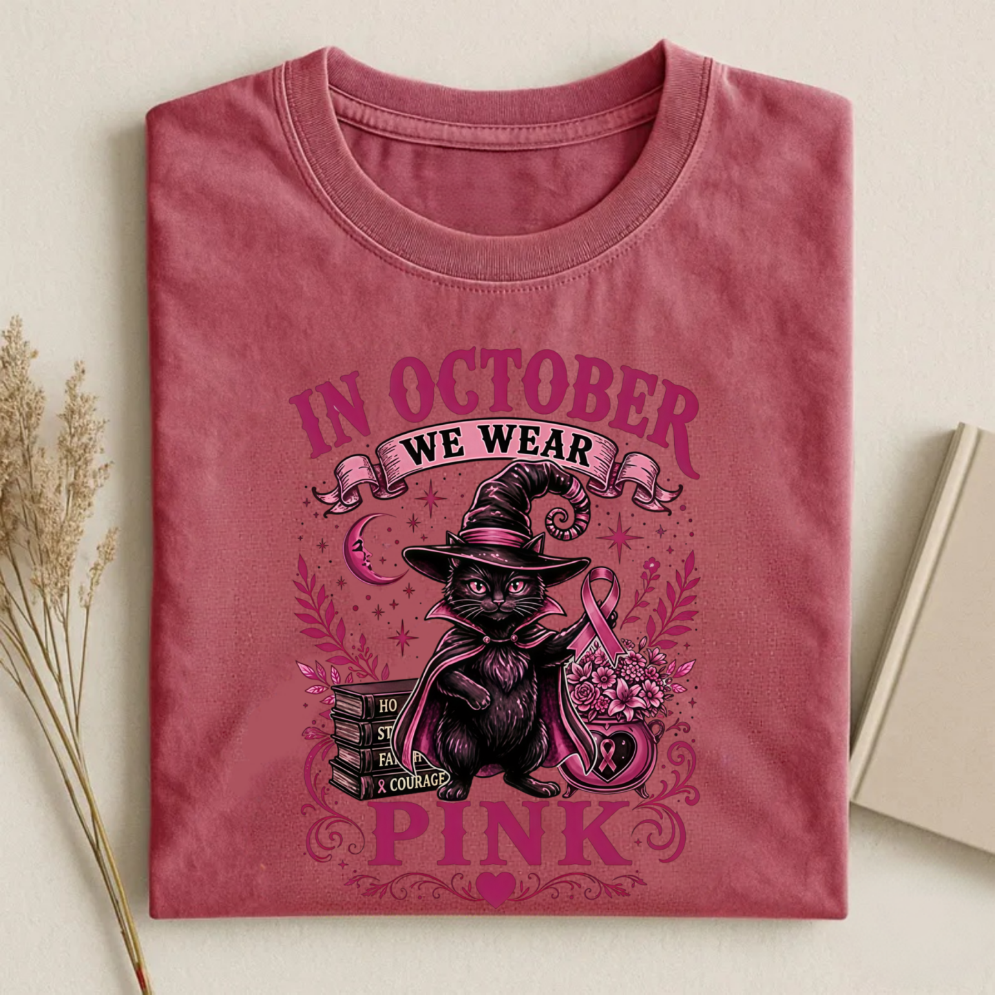 Magmoo Witch Cat Breast Cancer Awareness T-shirt