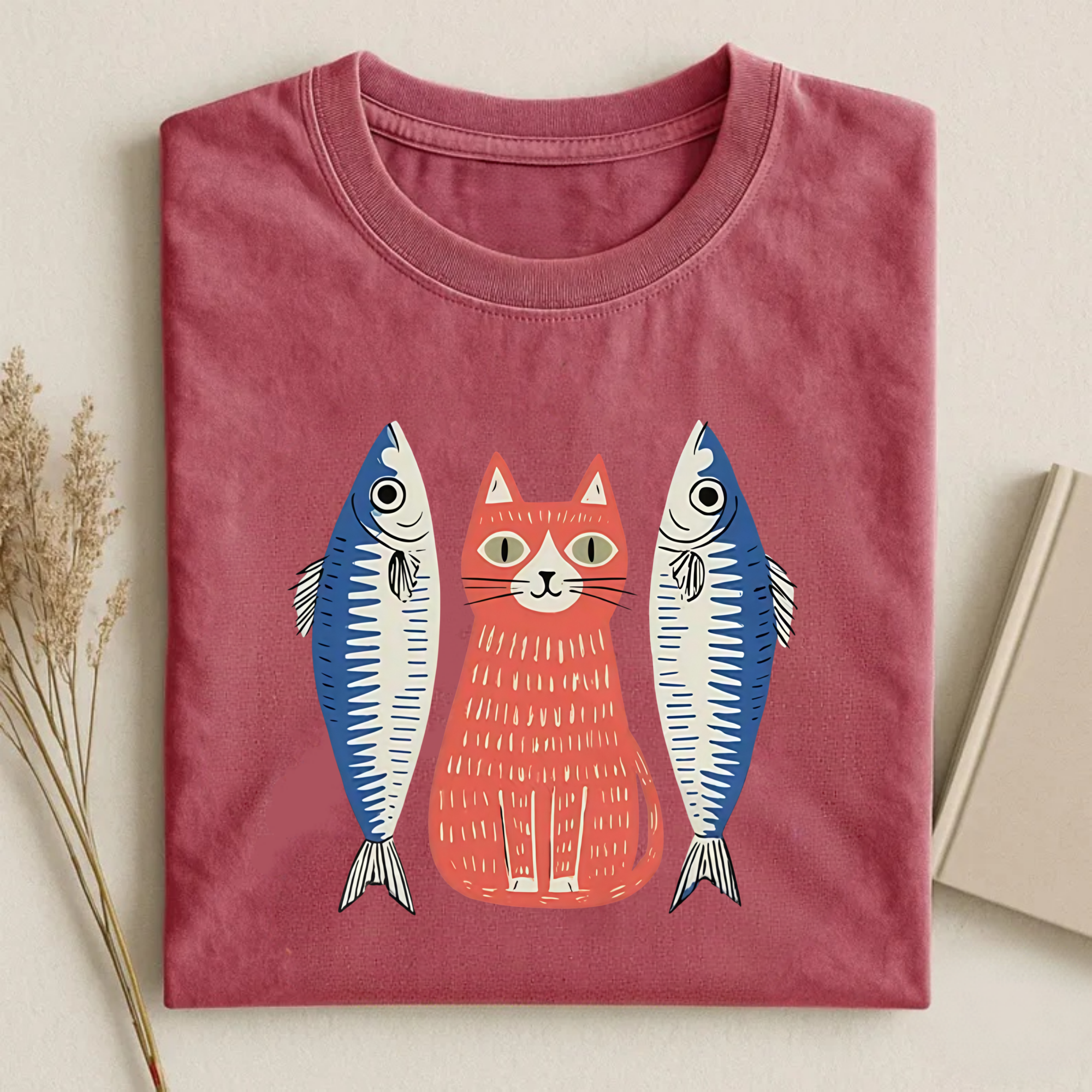 Magmoo Woodcut Cat And Fish Art T-shirt