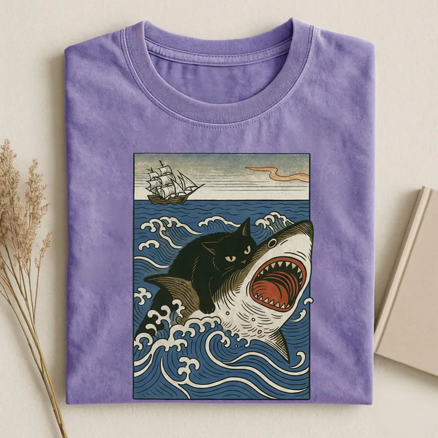 Magmoo Ukiyo-e Cat Riding Shark Retro T-shirt
