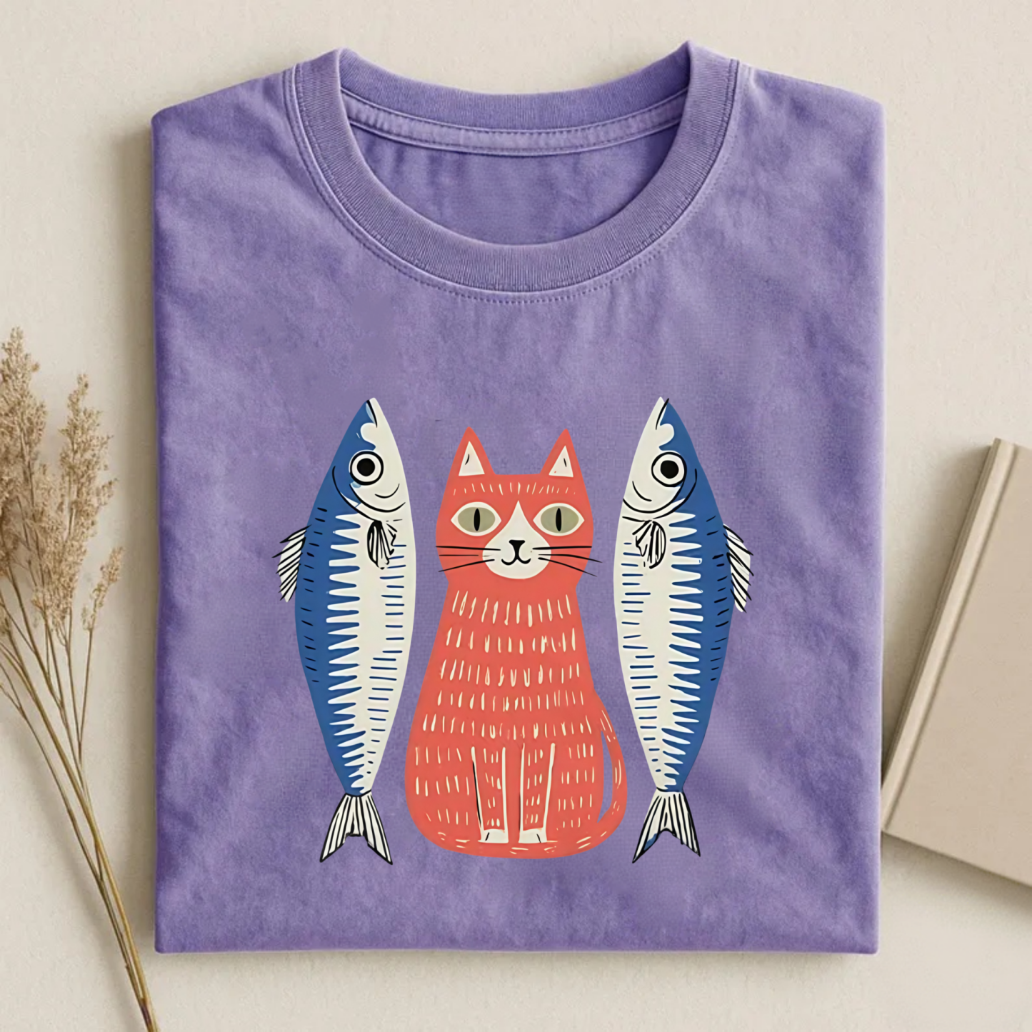 Magmoo Woodcut Cat And Fish Art T-shirt