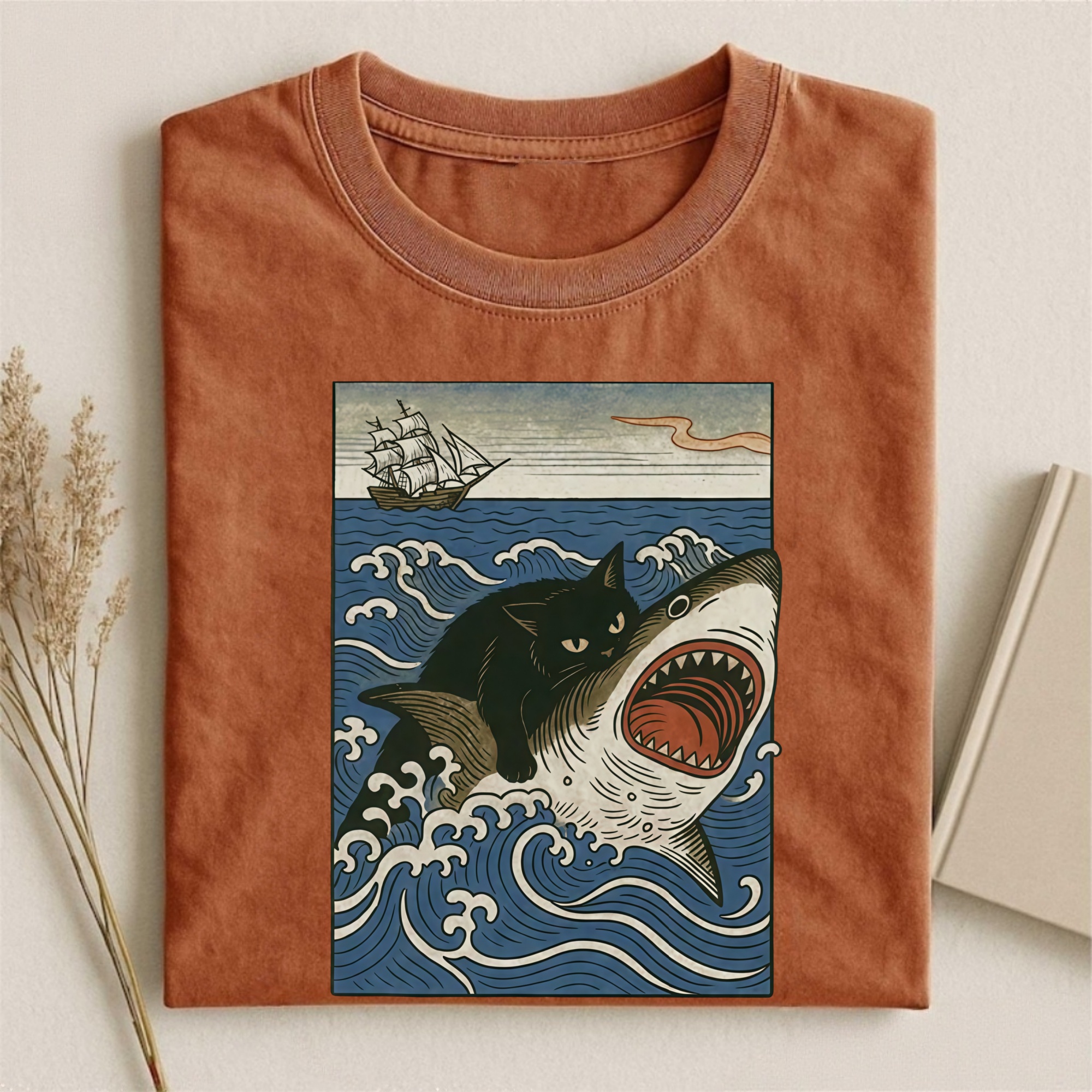 Magmoo Ukiyo-e Cat Riding Shark Retro T-shirt