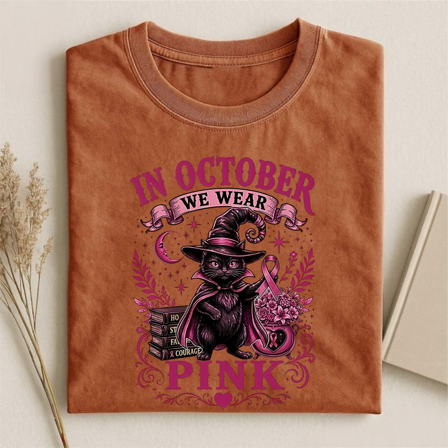 Magmoo Witch Cat Breast Cancer Awareness T-shirt
