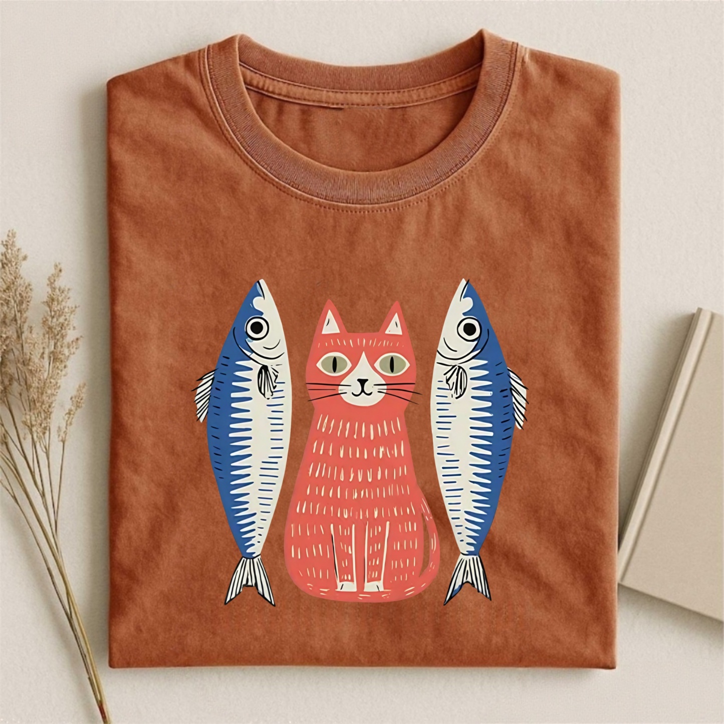 Magmoo Woodcut Cat And Fish Art T-shirt