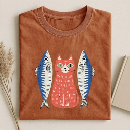 Magmoo Woodcut Cat And Fish Art T-shirt