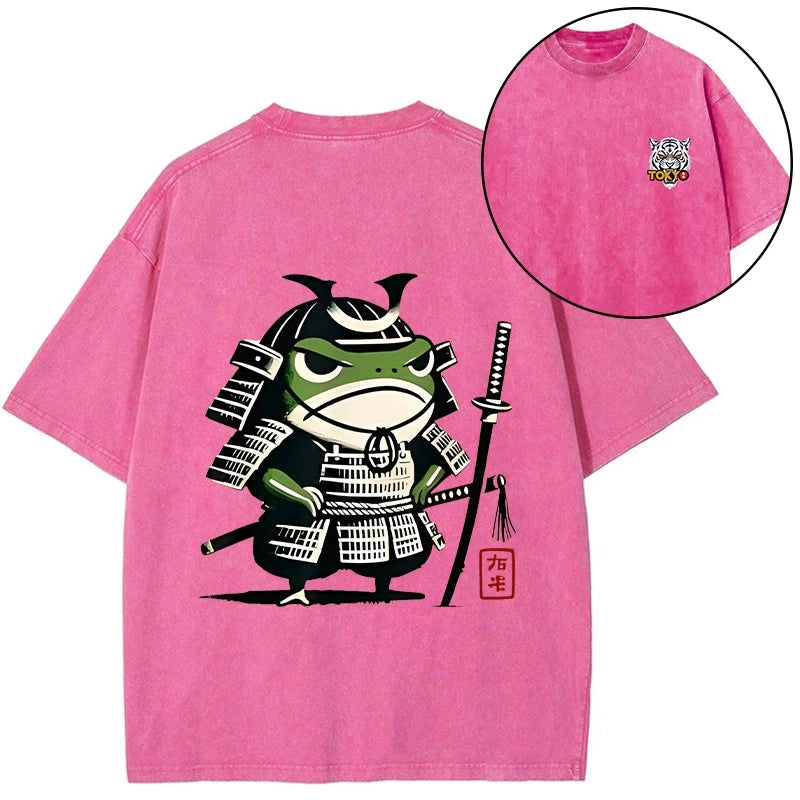 Magmoo Frog Samurai Japan Front Back Washed T-Shirt