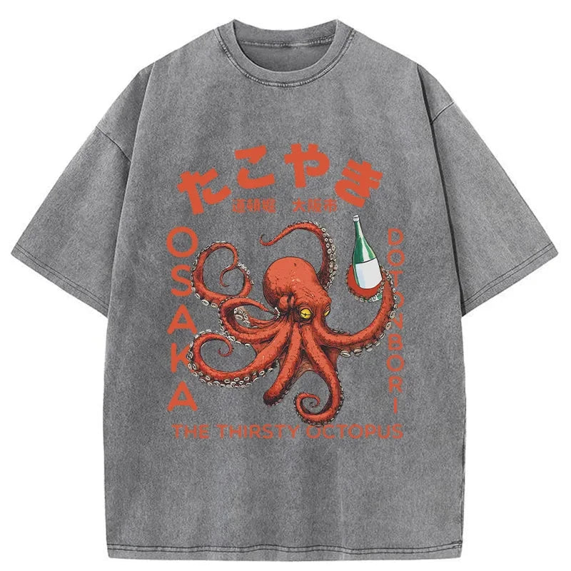 Magmoo Octopus Drinks Soju Washed T-Shirt