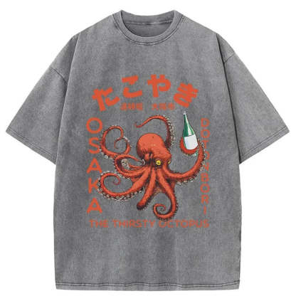 Magmoo Octopus Drinks Soju Washed T-Shirt